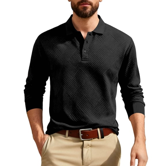 Mens T Shirts Long Sleeve Striped Jacquard Woven Turn Down Collar Beach Tops,Black,XS