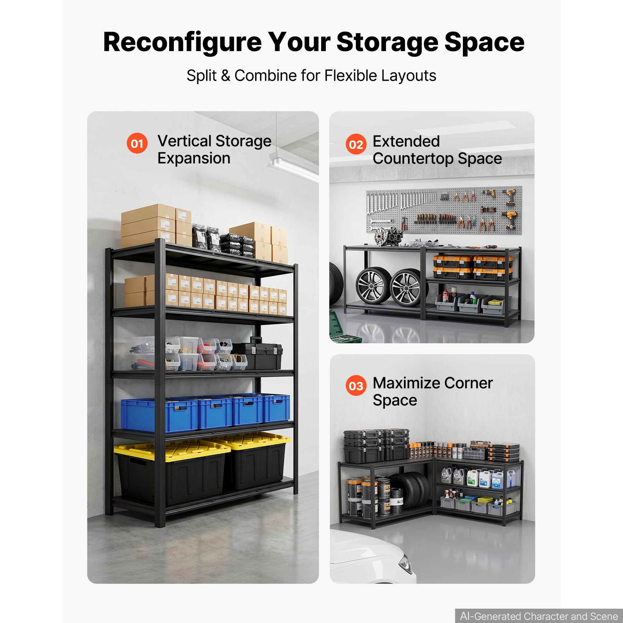 KFFKFF 5-Tier Adjustable Storage Shelves, 3000 lbs Capacity, Heavy-Duty Metal Utility Rack for Garage, Workshop, Warehouse, or Basement, 48.43" W x 24.53" D x 71.38" H