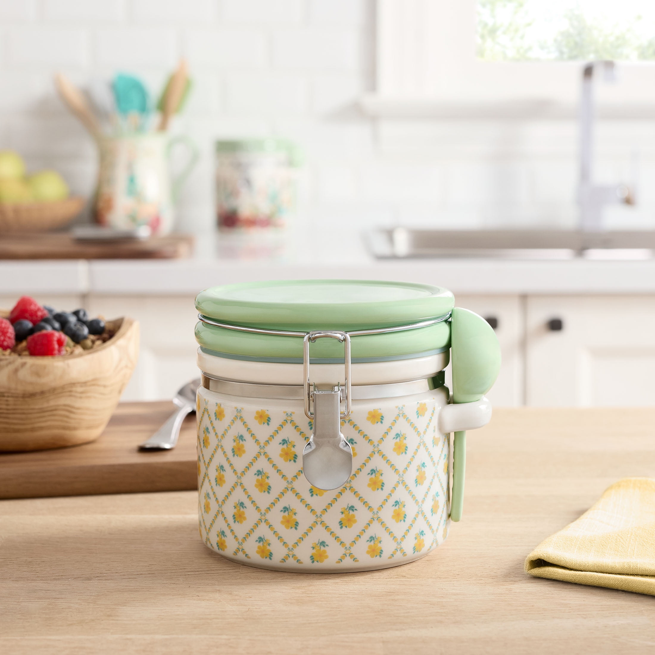 (4 pack) The Pioneer Woman Stoneware Painted Meadow Medium Canister with Lid and Ceramic Spoon, Ideal Use for Pantry Organization and Food Storage