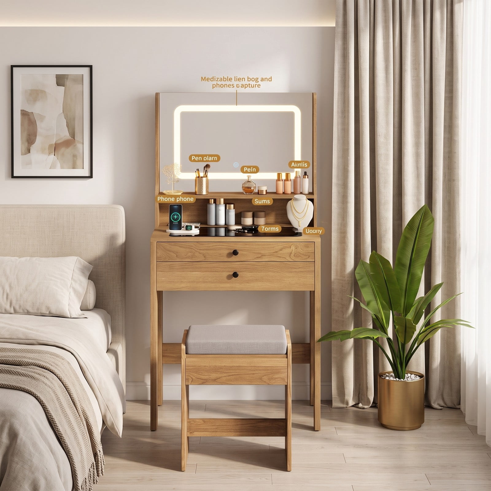 Furnibear Small Vanity Desk with 3 Mode Lighted Mirror and Charging Outlets and Cushioned Storage Stool for Small Bedroom and Makeup, Natural