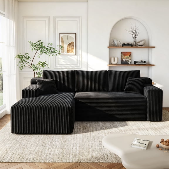 VKHCU 96" Modular Sectional Sofa for Living Room, Cloud Boneless Couches with Upholstered Deep Seat,Modern L Shaped Couch with Chaise, Plush Corduroy Fabric, Black, Left Facing Chaise, No Assembly