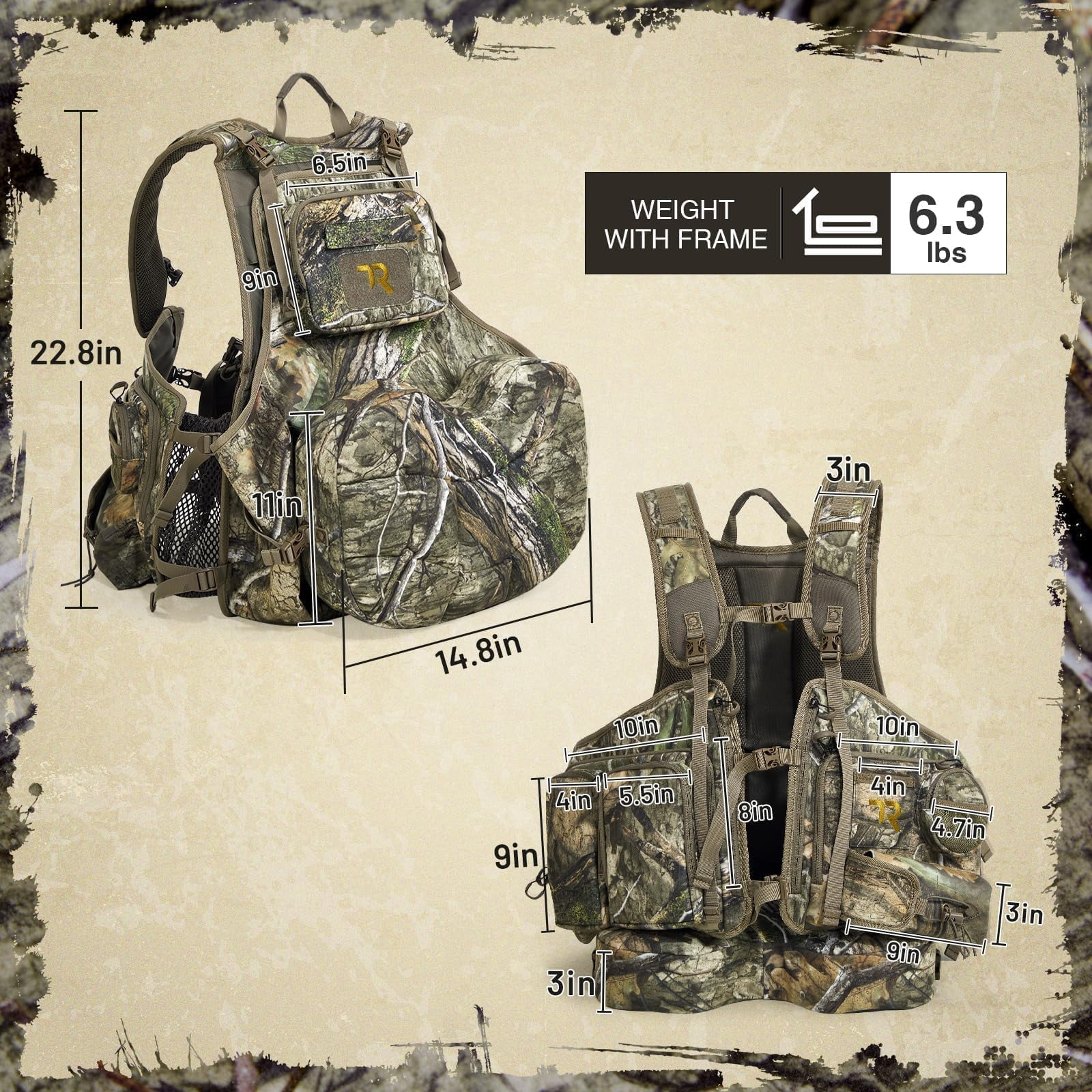 TR Turkey Vest with Seat,Turkey Hunting Vest Lightweight Run & Gun with Game Pouch, Multi-Pocket Hunting Vest with Thick Seat, for Mobile Hunters Men Women Camo
