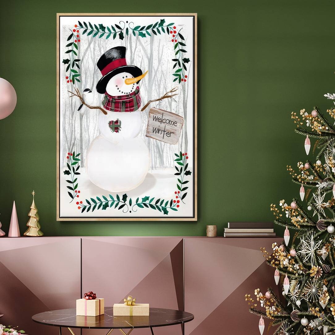 Folk Snowman Forest I - Framed Gallery Wrapped Holiday Canvas - 25 x 37 - Natural Wood Frame