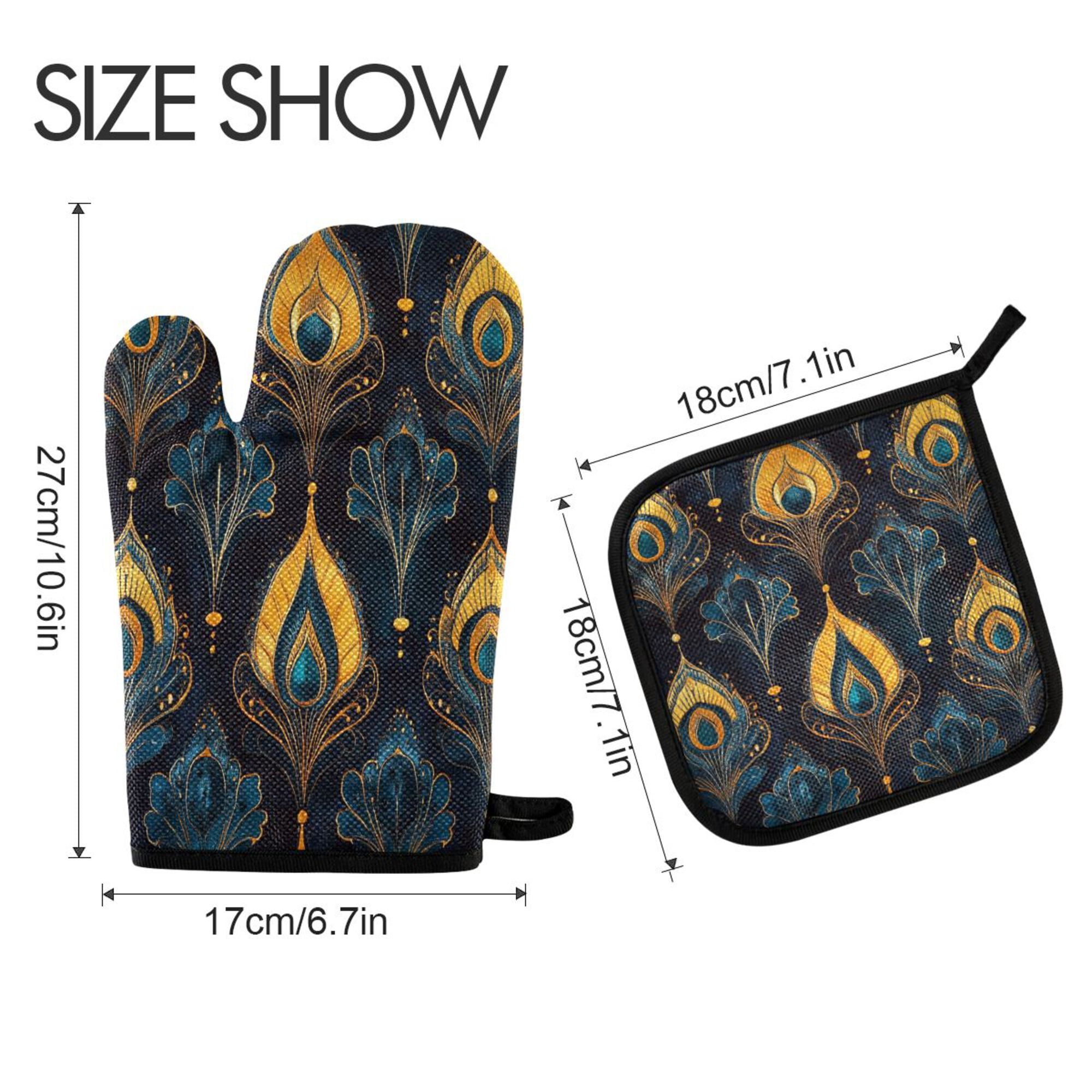 Yayeee Oven Mitts and Pot Holder Set of 2 Heat Resistant Kitchen Gloves Baking Hot Pad, Navy Blue Art Pattern