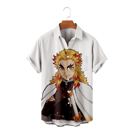 

MLFU Demon Slayer Mens Casual Button-Down Short Sleeve Shirts Anime Graphic Polyester Tops Lightweight Blouses for Boys 5-14 Years