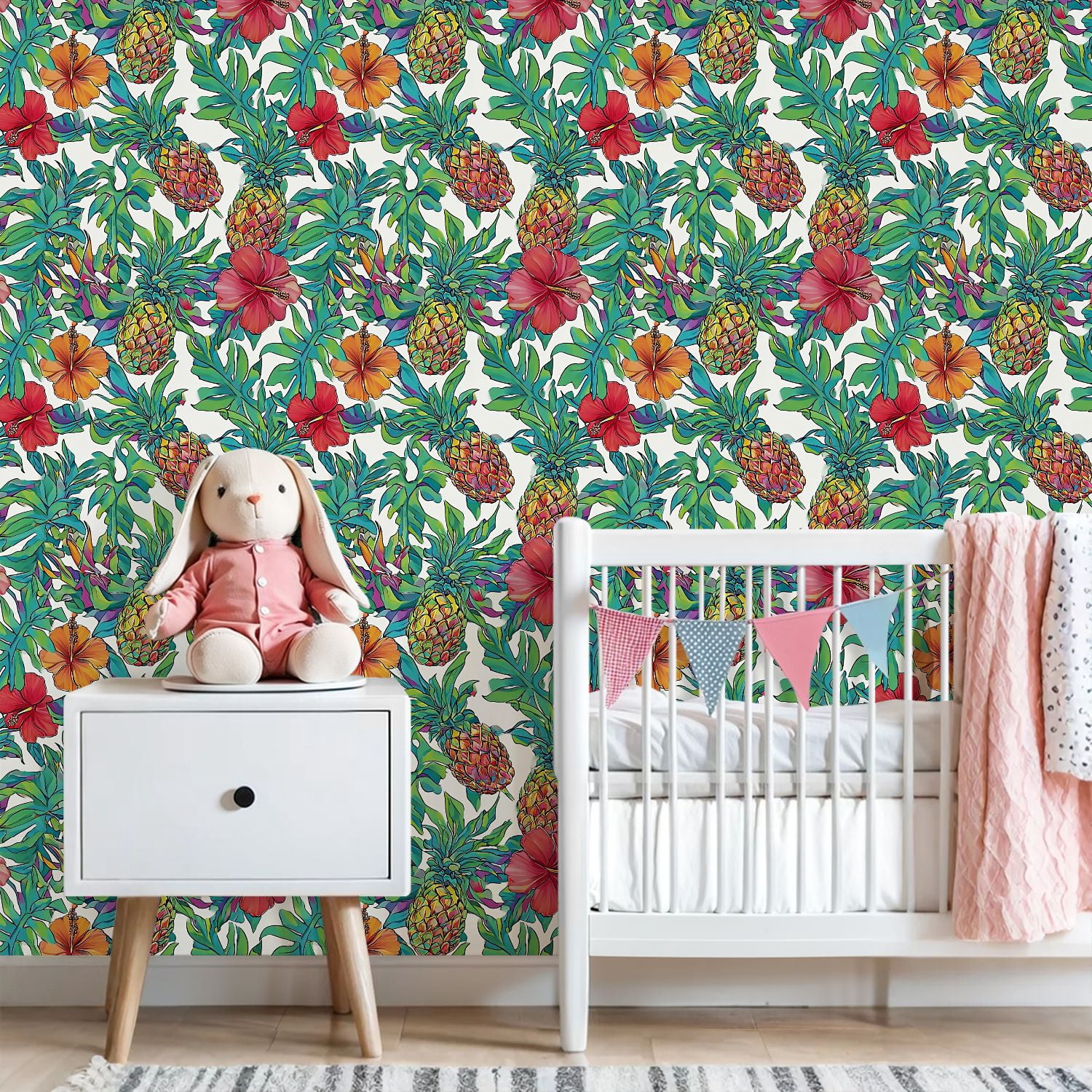 Peel and Stick Wallpaper Colorful Tropical Pineapple Hibiscus Floral Wall Mural 23.6in x 9.8ft Self Adhesive Removable Wall Paper Renter Friendly Wallpaper for Nursery Bedroom Cabinets