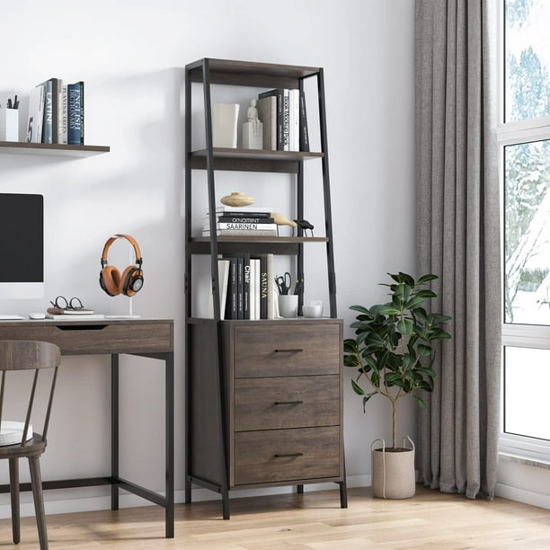 Homfa Bookshelf, Ladder Bookcase with Drawers, 3 Tier Tall Trapezoid Leaning Bookshelf with