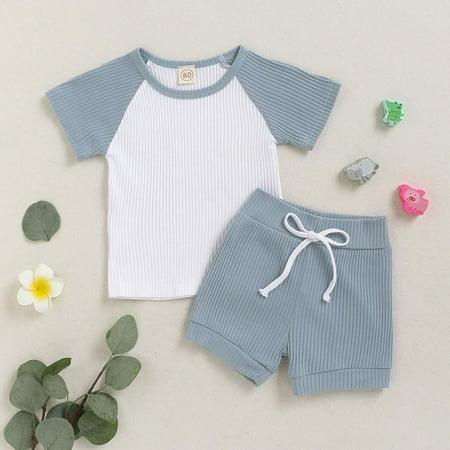 

Two Piece Summer Children Baby Boys Girl Cotton Short Sleeve Set Children s Suit Knitted Stripe Solid Color Top Shorts Suit