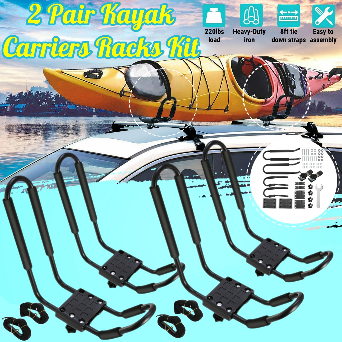 Rooftop Universal Kayak Carrier Car Roof Rack Set of Two JShape Foldable Carrier for Canoe, SUP Rooftop Universal Kayak Carrier Car Roof Rack Set of Two JShape Foldable Carrier for Canoe, SUP