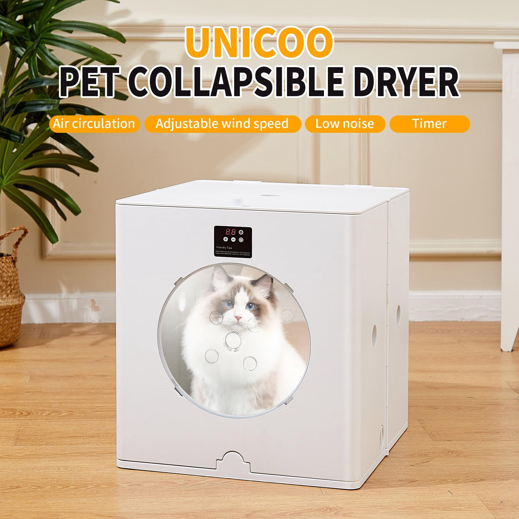 UNICOO® 88L Automatic Pet Collapsible Foldable Dryer Box with Smart Temperature Control, Adjustable Wind Speed, Fast Drying, Ultra Quiet, 360? Airflow, for Cats & Small Dogs