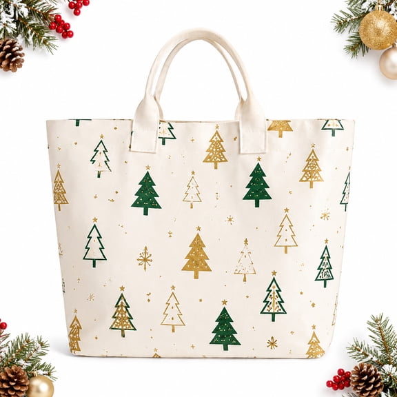 Fmbmuo Women's Tote Bag with Christmas Tree Print, Lightweight Handbag Organizer, Multi-Compartment Carryall Shoulder Handbag