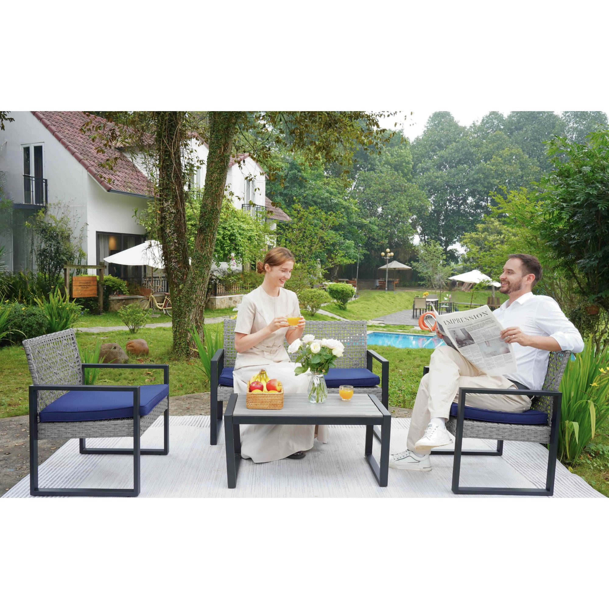 Clearance Patio Furniture Sets on Sale, 4 Piece Wicker Sofa Outdoor Conversation Set, UV Resistant Patio Set with Lounge Sofa and Table, Modern Outside Deck Terrance Furniture Set, Brown