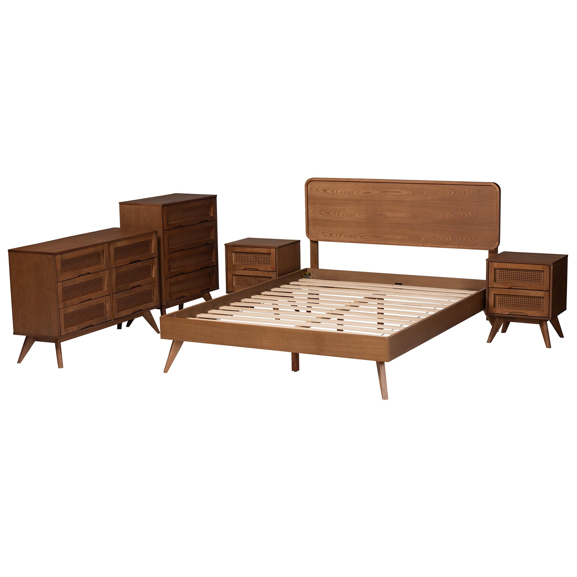 Baxton Studio Demeter Mid-Century Bedroom Set, 5-Piece, Walnut Brown