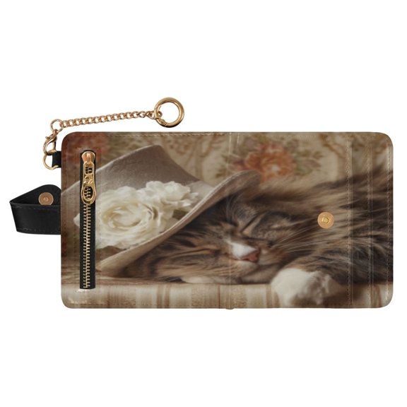 DIXRUYEE Rose Hat Snooze Print RFID Blocking Womens PU Leather Wallet Small Foldable Card Holder Purse with Coin Zipper Pocket & Detachable Chain Wristlet