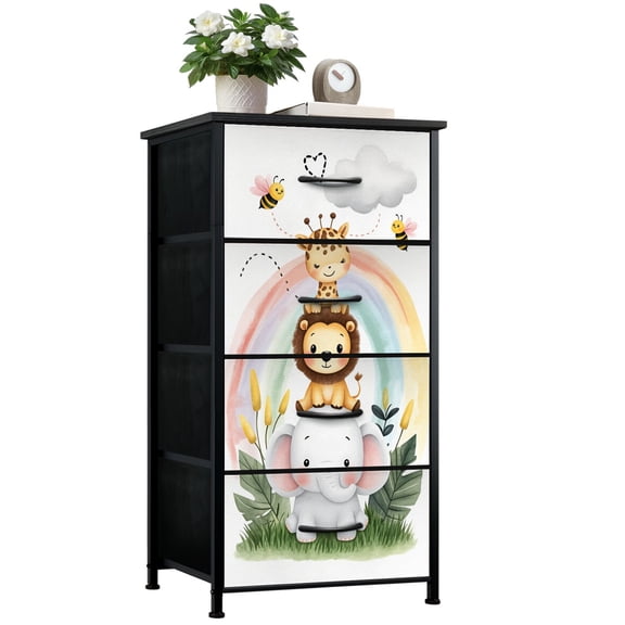 Dresser for Bedroom with 4 Storage Drawers Cute Stacked Safari Animals Watercolor Rainbow Bees Dressers Chest of Drawers Steel Framed Fabric Closet Organizers for Entryway