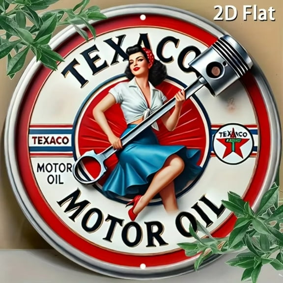 HELLOYOUNG Texaco Vintage Motor Oil Pin-Up Metal Sign – Retro Round Aluminum Wall Art, Perfect for Bars & Cafés
