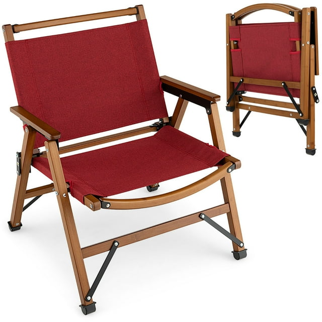 Costway Silla de Acampada Plegable de Bambú Silla de Playa Baja Portátil hasta 150 kg para Patio Exterior Camping Picnic 56 x 54,5 x 65 cm Rojo