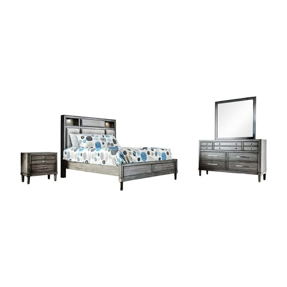 FOA Cartagena 4pc Gray Solid Wood Bedroom Set-Queen Nightstand Dresser Mirror