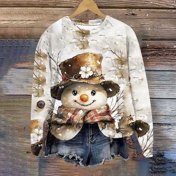 GuzomFashion Womens Christmas Snowman Graphic Sweatshirt - White, Soft Stretch Relaxed Fit, Long Sleeve Crew Neck, Fade-Resistant, Fall Winter Festive Casual Wear (S-XXL),Size M