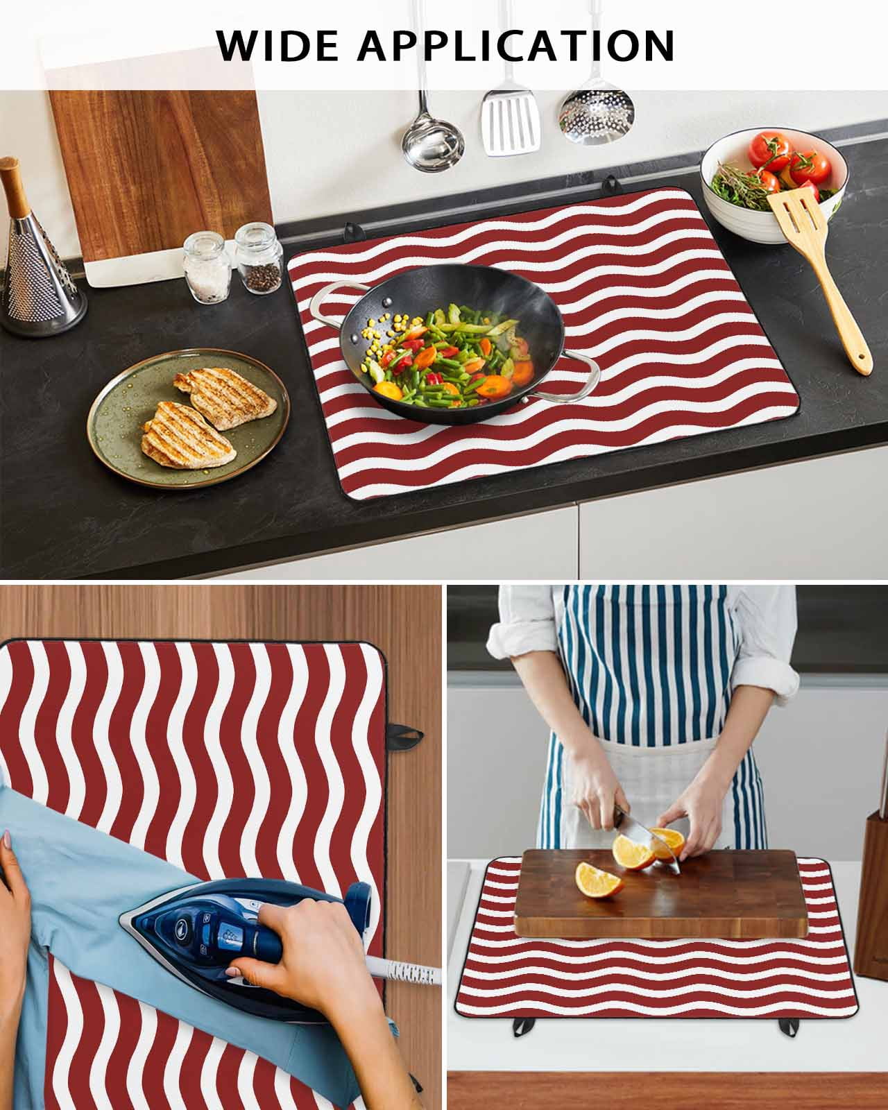 nqOlkjepod Large Induction Cooktop Protector Mat 24"x21", Red White Stove Top Covers for Electric Stove, Modern Abstract Waves Water Ripple Striped Stove Burner Cover Mats, Glass Top Stove Cover