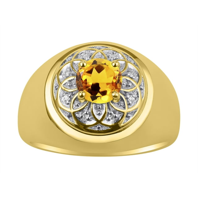 RYLOS Men's Rings 14K Yellow Gold Designer Gypsy 7MM Round Gemstone & Diamond Ring Citrine November Birthstone Rings Size 8