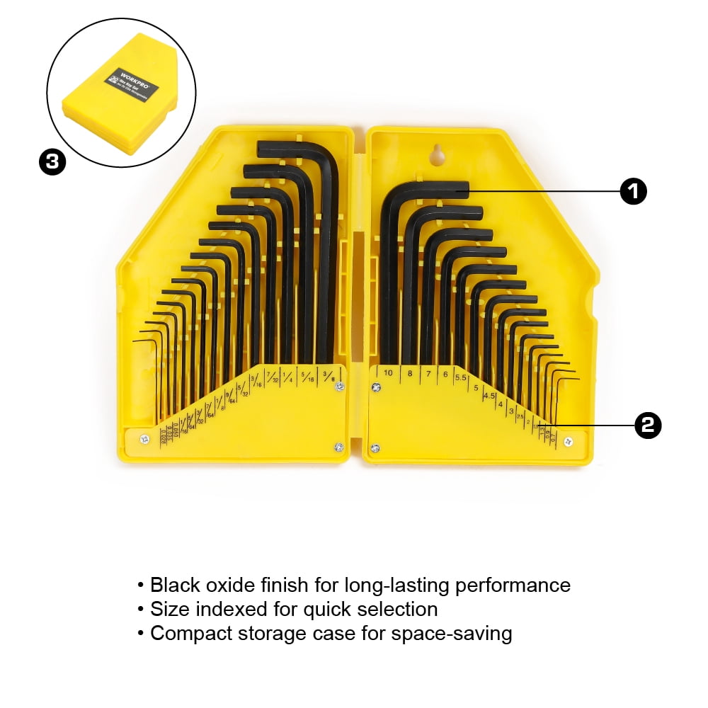 WorkPro Hex Key set 30 pièces, dimensions métrique et SAE, boîtier Compact