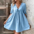 thumbnail image 7 of LNWUY Women's Summer Linen Dress Laceup V Neck Loose Short Sleeve A-Line Vacation Solid Color Casual Mini Dresses Blue XL, 7 of 7