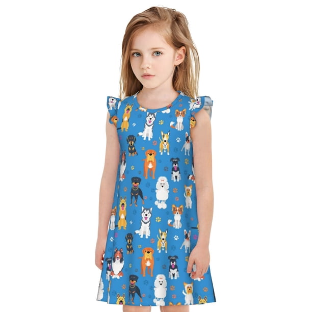 Fotbe Cute Dogs Vestido de Dormir para Niñas de 3 a 10 Años, Mangas Cortas, Estilo Princesa, Pijama Camisón con Mangas Voladas-Medium