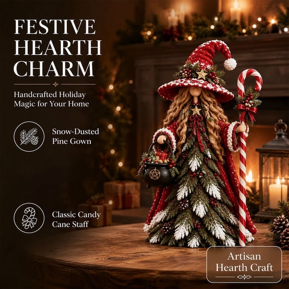 TTJ Christmas Witch Resin Statue, Tiered Christmas Tree Style Tabletop Ornament with Candy Cane, Santa Hat and Black Cauldron, Christmas Tabletop Centerpiece for Mantel Shelf Decor (A)