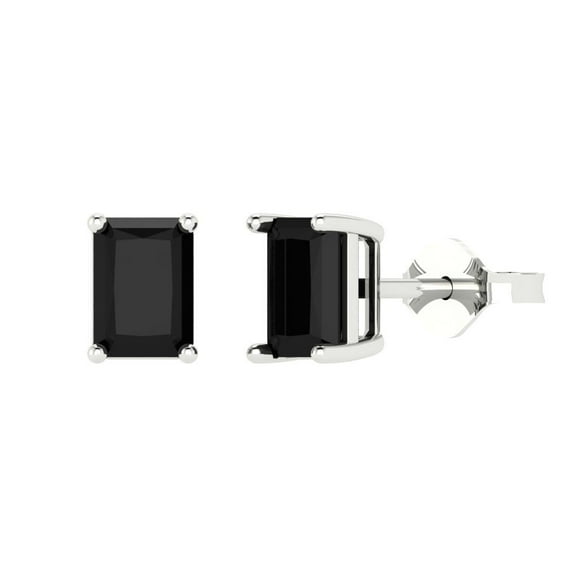 2 ct Push-Back Stud Earrings for Women | 7x5mm Emerald Cut Natural Onyx | 18K White Gold