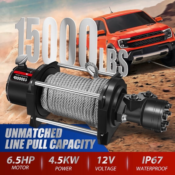 15000Lb Recovery Winch with Fuel Hoses & Slip Hook, IP67 Waterproof 12V Electric Winch for Jeep, SUV, Truck & Trailer