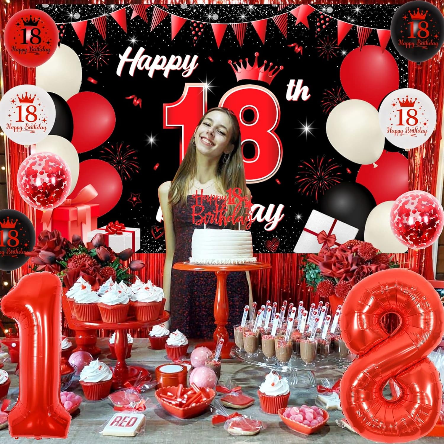Black and red decorations for boys and girls' 18th birthdays, background for boys and girls' 18th birthday cake and balloons