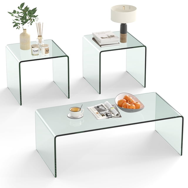 Costway Tempered Glass Coffee Table Set of 3, Clear Coffee Table & 2 End Tables for Home
