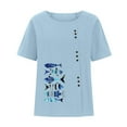 thumbnail image 4 of Teissuly Women Casual Cotton And Linen Top Ocean Fish Printed Short Sleeve Button Tunic T-shirt Blouse Tops, 4 of 4