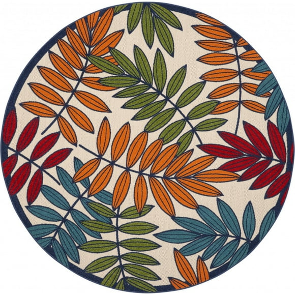 homeroots outdoor 384948 8’ Round Multicolored Leaves Indoor Outdoor Area Rug