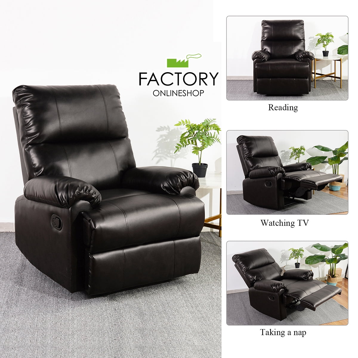 Geniqua Manual Pushback Recliner Chair Leather Single Sofa Lounge