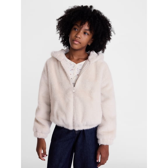 Weekend Academy Girls Fuzzy Faux Fur Hooded Jacket with Long Sleeves, Sizes 4-18