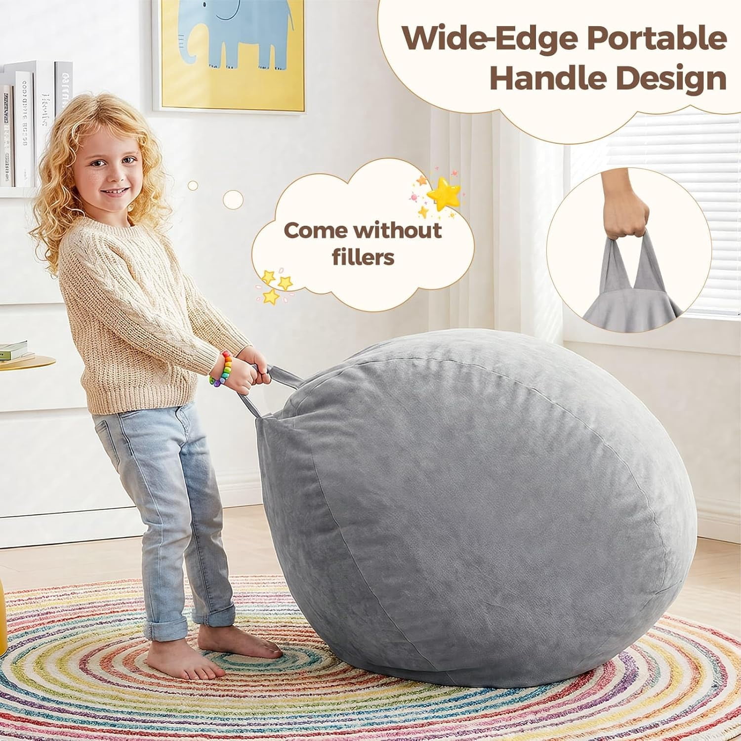 Stuffed Animal Storage Bean Bag Chair Cover for Kids (No Filler), Soft Comfy Velvet Beanbag Chair Cover Machine Washable, Kids Bean Bag Chair with Handle for Living Room Bedroom Dorm,Dark Gray