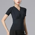 thumbnail image 5 of Short Sleeve Latin Ballroom Dance Tops Stretch Jersey V-Neck Ruched Wrap-Over Fitted, 5 of 7