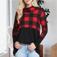 thumbnail image 3 of Top de cuello alto para mujer con dobladillo suelto camisa de manga larga con cuello redondo decoración de costuras a cuadros rojo XXL, 3 of 6
