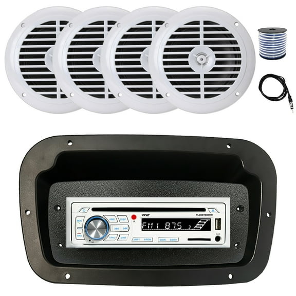 Pyle PLCDBT65 Single DIN Bluetooth Marine CD Stereo Receiver, Spa bezel, Adapter Plate, 22" Radio Antenna, Wire, 4x 6.5" 120 Watt Peak Full Range Dual Cone Waterproof Stereo Speakers (White)