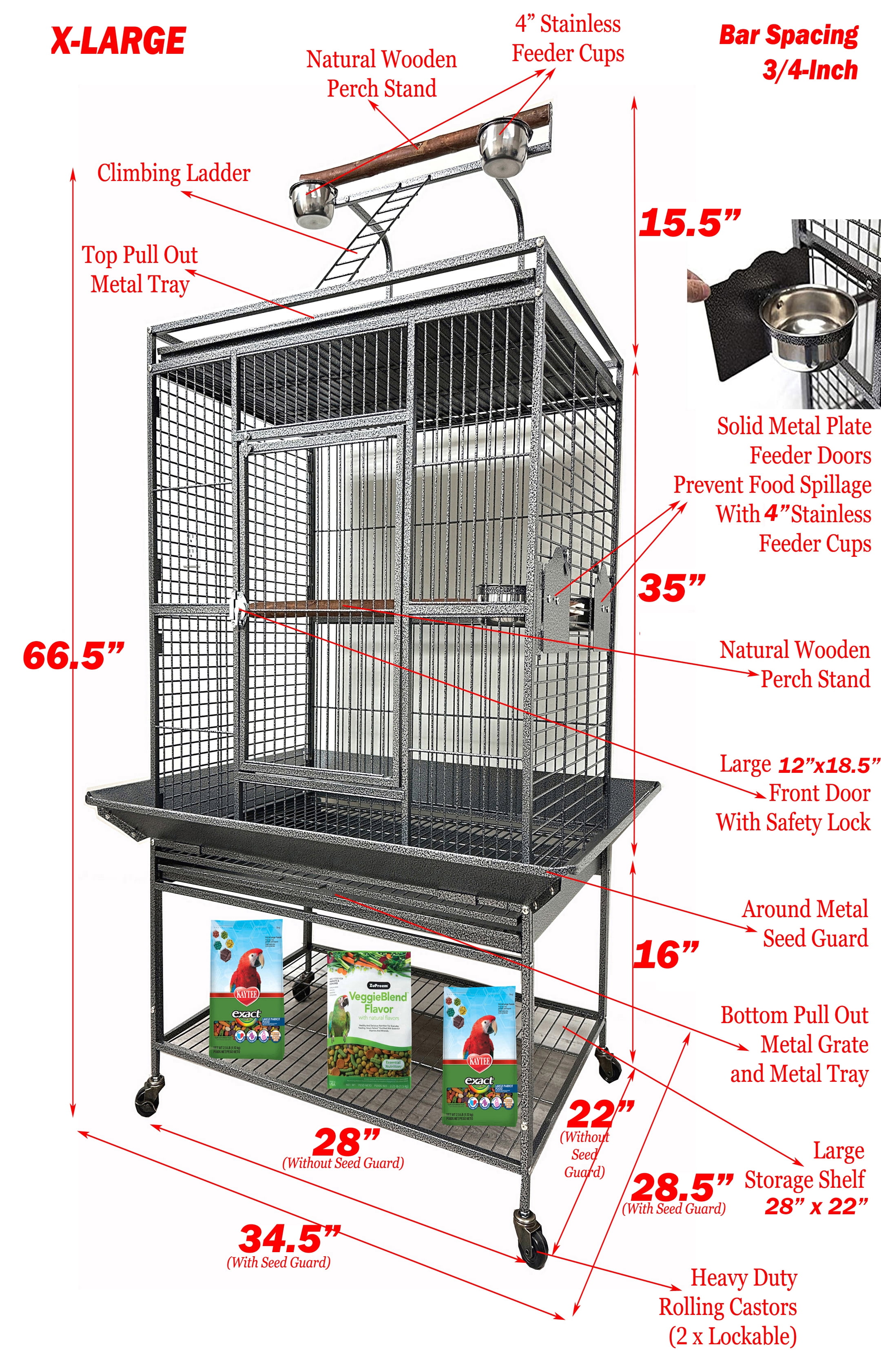 X-Large Deluxe  Wrought Iron Play Ground Perch Stand Climbing Ladder Top Bird Parrot Rolling Metal Cage, Include Stainless Feed Cups Natural Wooden Stand Perch Seed Guard