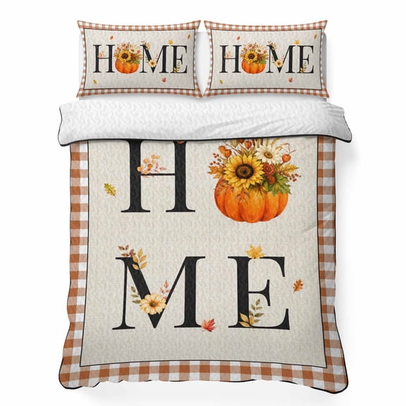 Twin Quilt Bedding Set Home Text Fall Flower Leaf Lightweight Summer Quilted Coverlet for Hot Sleepers, Farmhouse Sunflower Retro Linen Check Breathable Soft Cooling Blanket with 2 Pillow Shams