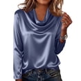thumbnail image 3 of Inglocry Womens Elegant Cowl Neck Satin Blouses Business Casual Long Sleeve Silk Shirts Dressy Tops Work Office Clothes Navy L, 3 of 6
