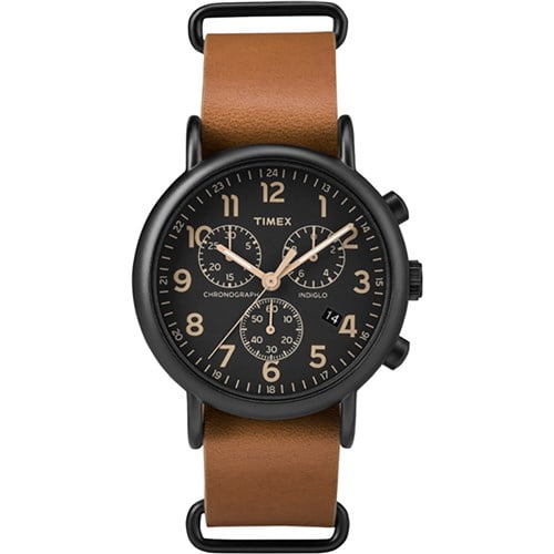 "Timex Weekender Chrono Oversized Watch Black Dial Brown Strap Weekender Chrono Brown Strap Black Dial Watch" by Timex