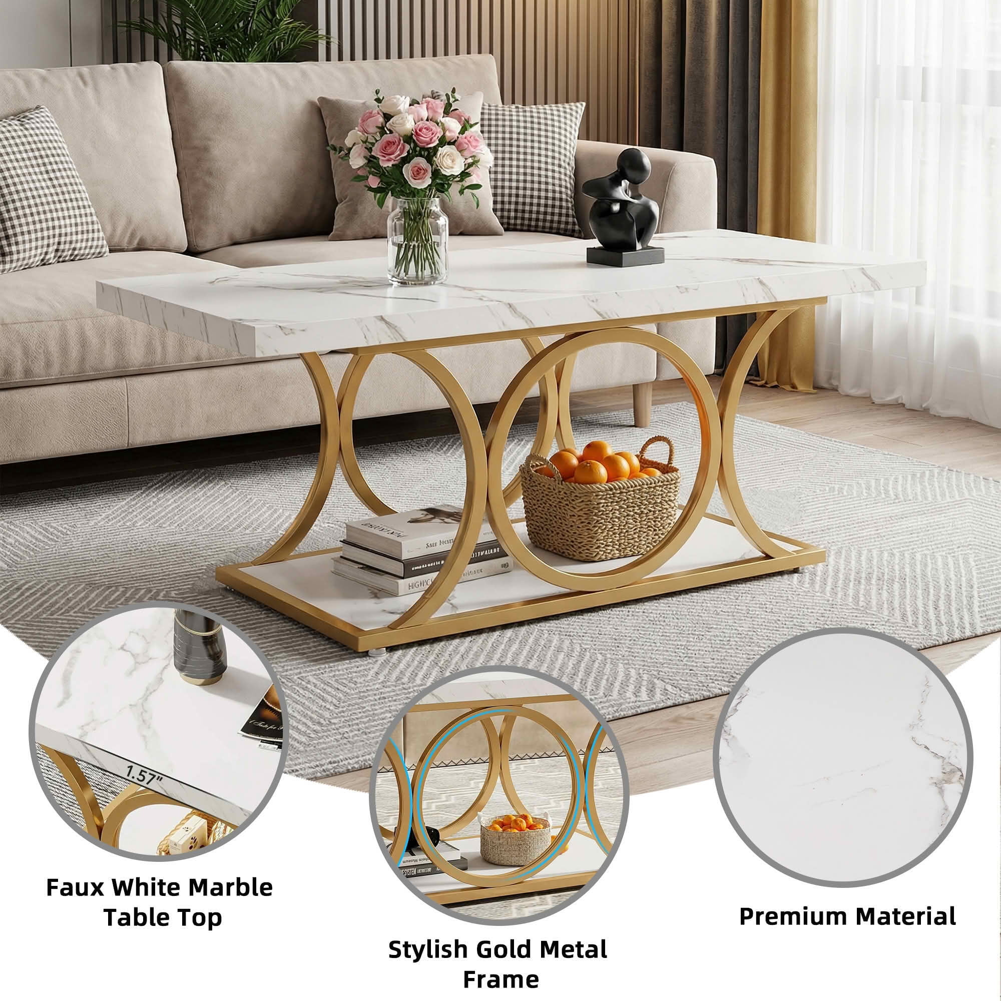 MAYEERTY 47.24" 2-Tier Rectangular Coffee Table, White Faux Marble E1 Particle Board Gold Metal Leg Storage Center Table for Living Room Studio Apartment
