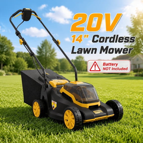 Dexvoria 20V 14'' Cordless Lawn Mower, Compatible with Dewalt 20V Max Battery (Not Included), 800W Brushless Motor 3420 Rpm, 3-Position Height Adjustment, 19.8 lbs, 25L Grass Bag