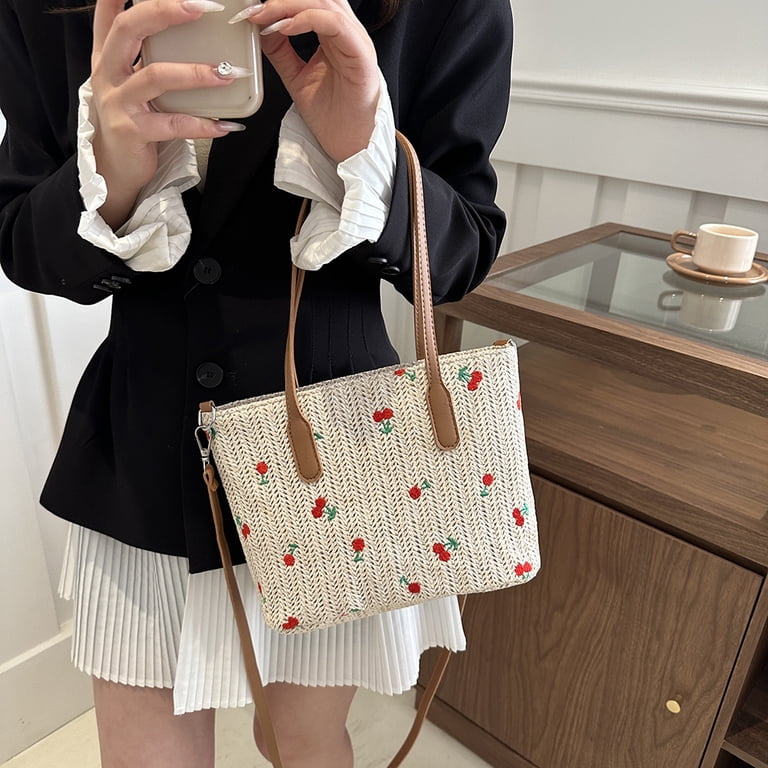 Cherry Straw Woven Tote Bag - Summer Beach Bag Handbag for  display picture 3