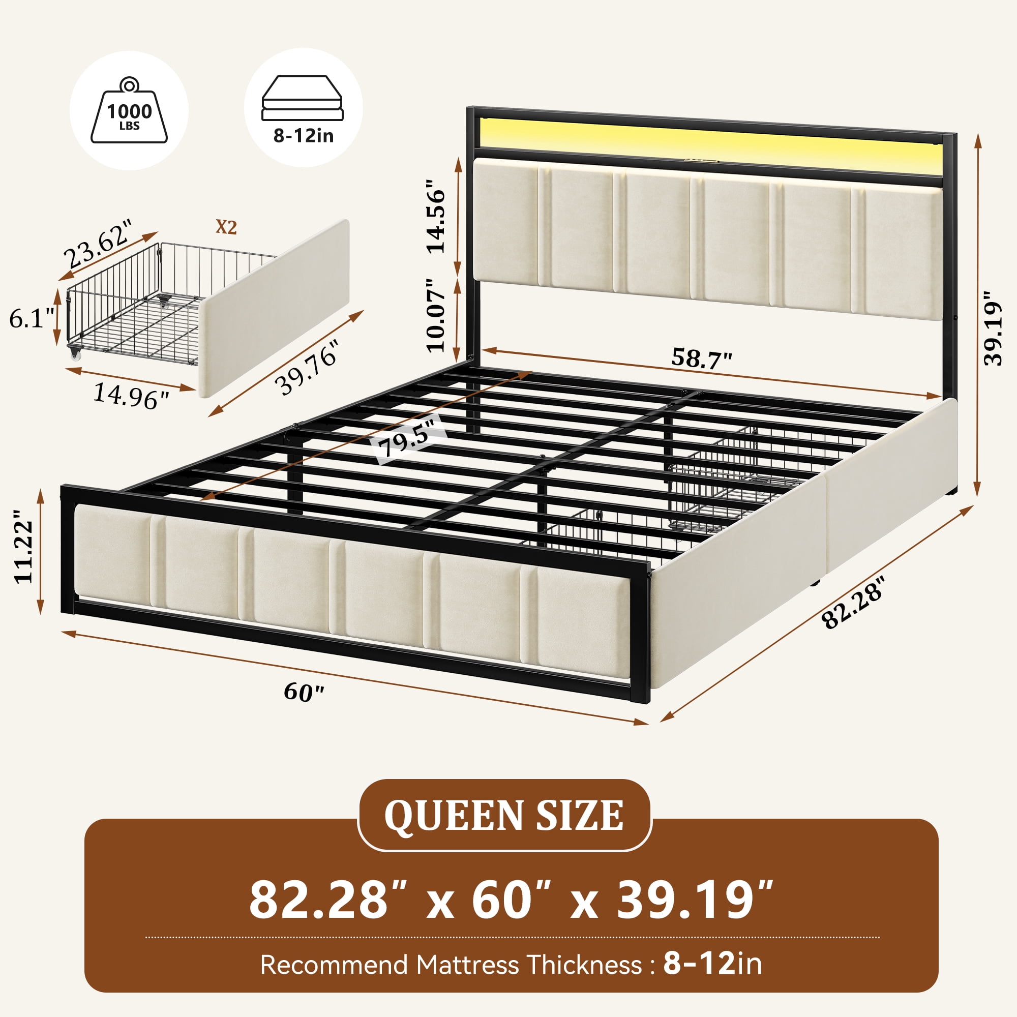 GUNAITO Queen Bed Frame with Headboard, Platform Bed with 2 Drawers, Velvet Upholstered Bed Frame with LED Lights & Charging station，Beige