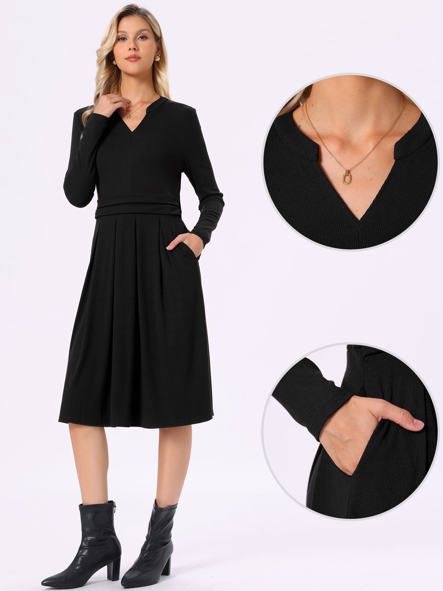 DARING DIVA Women's Knit Dress V Neck Stretchy Knee Length A-Line Dresses L Black